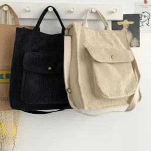 1 Pcs Corduroy Shoulder Bag Women Vintage Shopping Bags Zipper Girls Student Bookbag Handbags Casual Tote With Outside Pocket