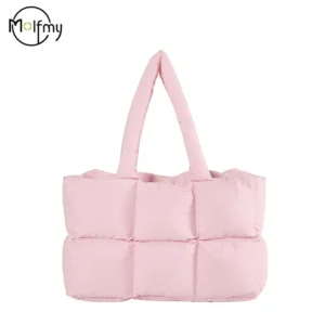 Women Tote Handbags Quilted Plaid Bag Retro Trendy Checkered Waterproof Shoulder Bag Solid Color Winter Soft Large Capacity Bags