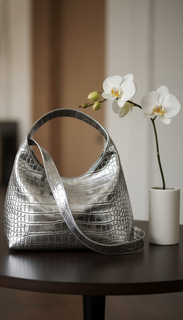 Textured Croc-Embossed Silver Hobo