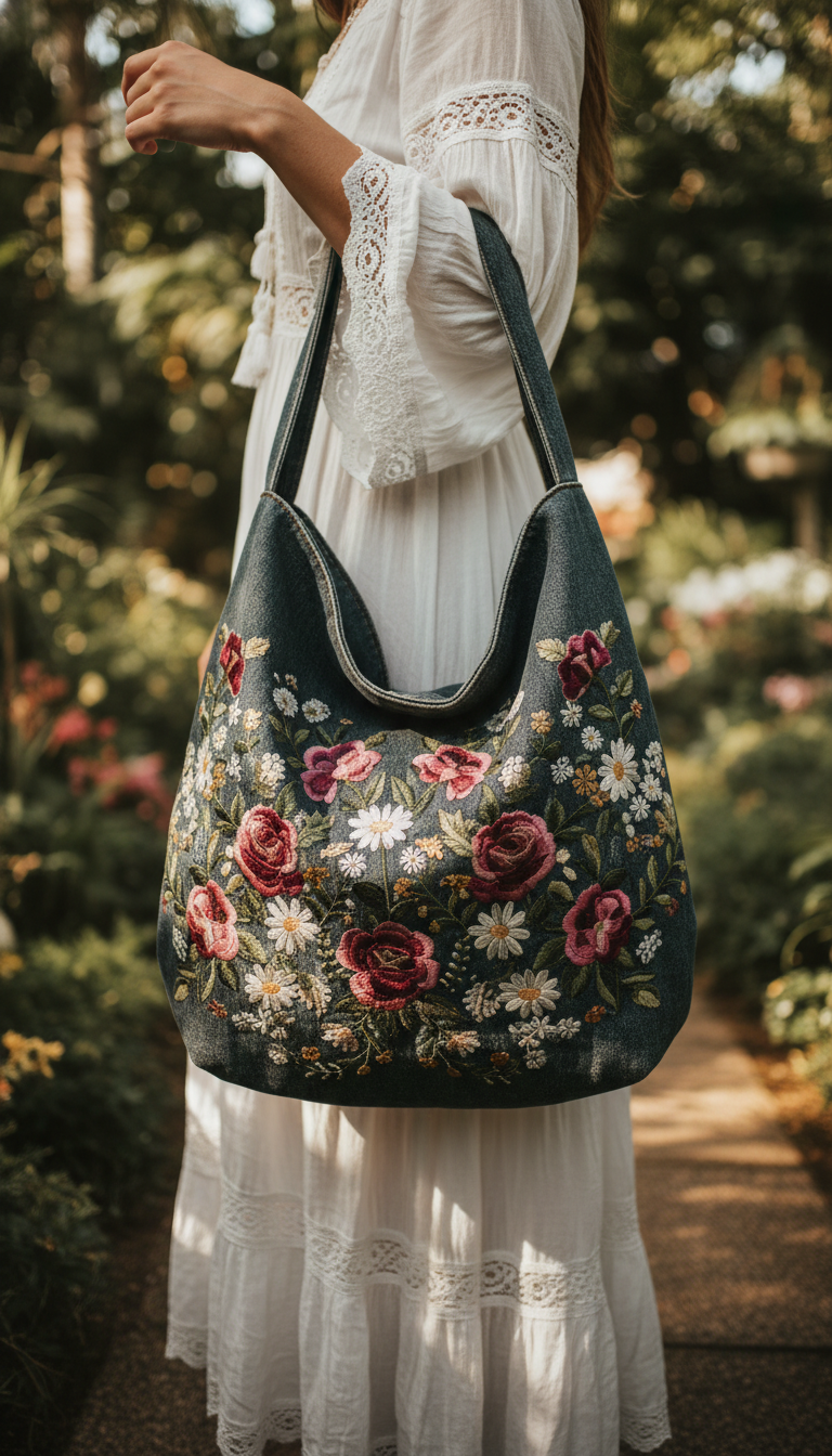 Embroidered Floral Denim Hobo