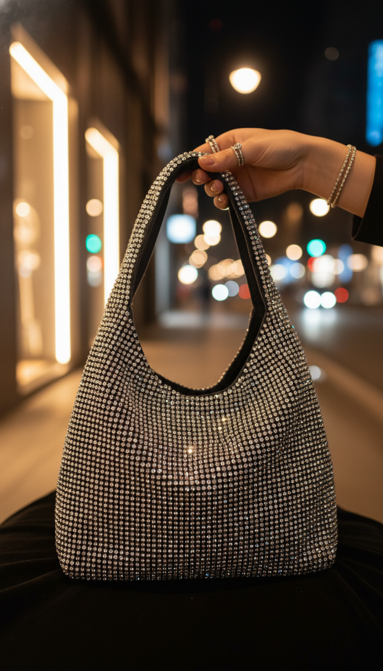 Rhinestone Embellished Denim Hobo