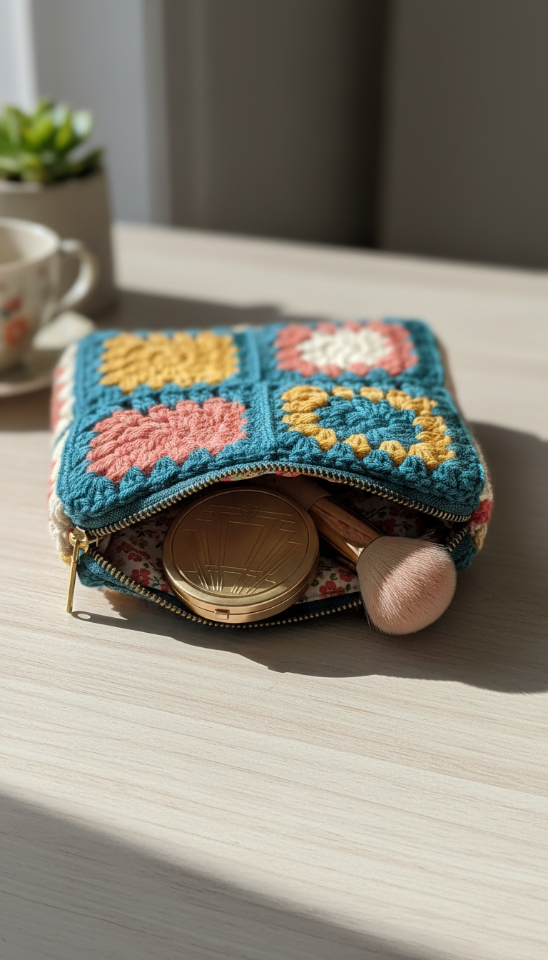 Vintage Charm: Bohemian Granny Square Makeup Bag