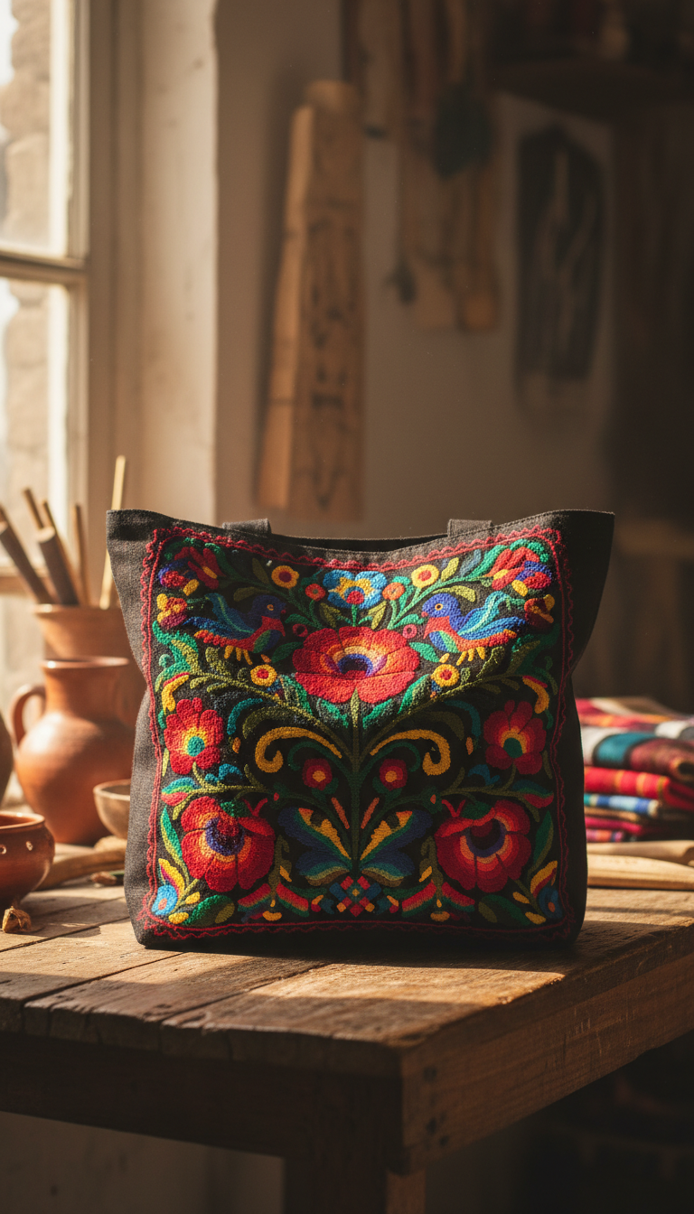 Vibrant Folk Art Black Tote