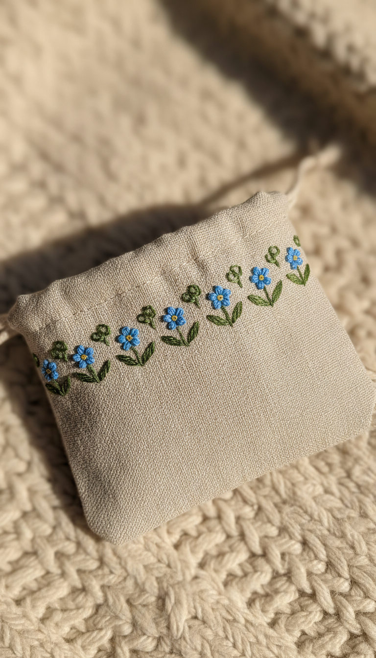 Delicate Floral Linen Drawstring Pouch