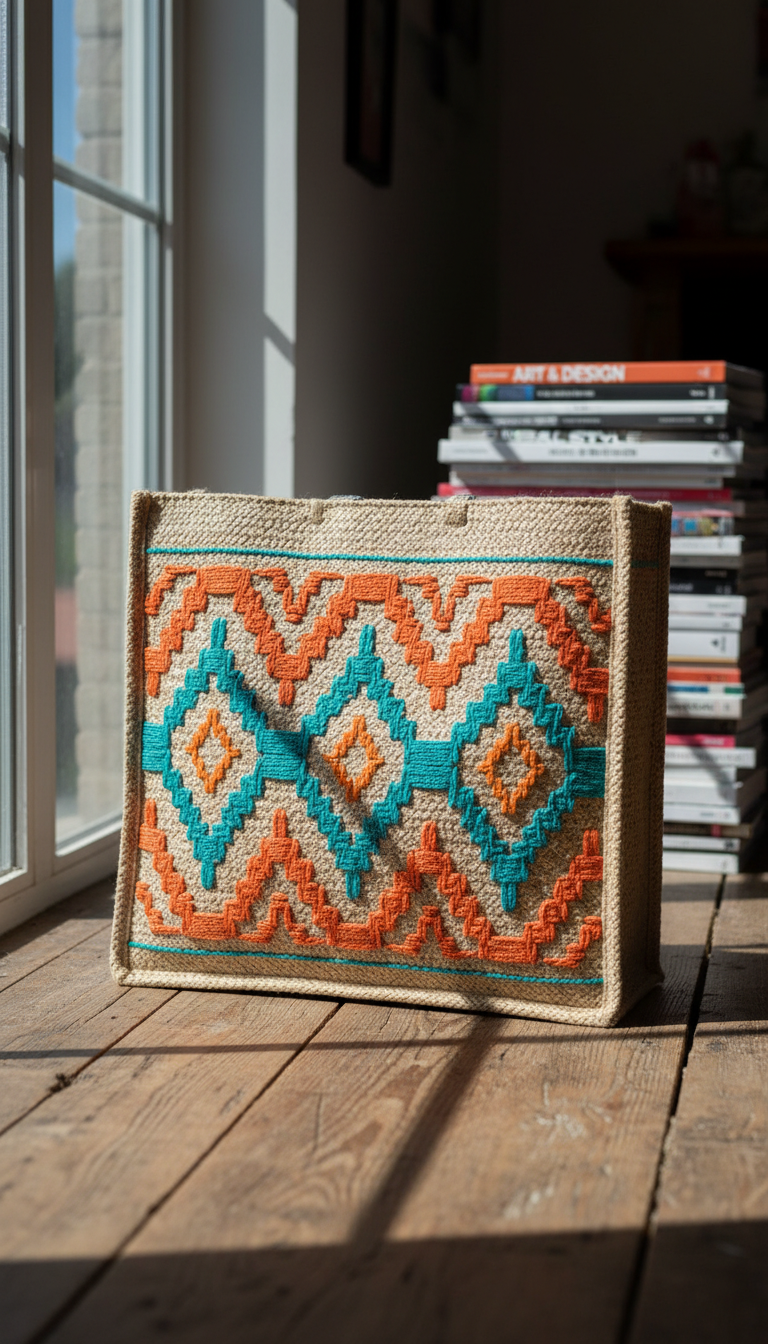 Geometric Patterned Jute Shopper Bag